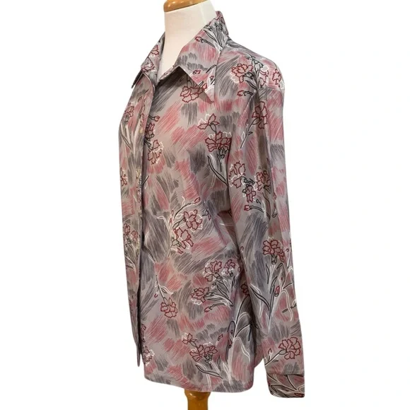Vntg 70’s grey dagger collar button down shirt with red floral pattern Volup - Picture 3 of 8